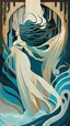 Placeholder: Painting style of erte pretty woman long flowing hair dressed in waterfall art deco