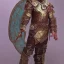 Placeholder: Fantasy, full body, watercolor, chain mail, Anglo Saxon, masked helmet, holding a spear, round shield