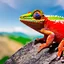 Placeholder: A cute colorful chameleon on a mountain top, alps, sun, green grass, blue sky, painting