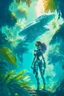 Placeholder: futuristic woman standing on one side of a large spaceship, in a jungle clearing with a blue sky