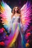 Placeholder: Gorgeous Realistic Photography Super Model European Beautiful Woman as Angel with clothing abstracts flowers luxury casual party dressing painting art neons rainbow colors glowing in the dark and colorful details, light leaks boleh colors,flowers background