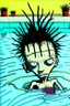 Placeholder: 2d drawing of a stickman, cool with punk hair, x eyes like in hangman, in swimming pool, laying on hands on the side of pool, 3d realistic in colour