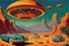 Placeholder: retrofuturism landscape with ufo in the sky, mountains, cars, rocks, 1950's sci-fi movies influence, henry luyten and ludwig dettman impressionism paintings