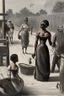 Placeholder: Create an image representing the "fancy girl" industry controlled by Armfield and Franklin, with scenes of transportation and trade. Depict the contrast between the lives of slaves considered "fancy girls" and other slaves during that era.