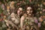 Placeholder: portrait of a couple, girl 1 dressed as life (flowers, butterflies, leaves), girl 2 dressed as death (skeletons, wilted flowers, upside down bird), resting heads against each other, beautiful, ethereal, 8k resolution, dynamic lighting