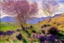 Placeholder: Sunny day, clouds, spring trees, spring influence, flowers, grass, prairie, stone walls, mountains, claude monet impressionism paintings