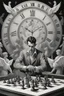 Placeholder: harlequin playing burning chess on racing field with a confused look on his face in front of a huge clock with angels, in the style of Escher