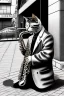 Placeholder: One single mature cat playing saxophone on the street, Osaka, thoughtful, mourning, model style, hyper realistic, extremely accurate, delicate, extremely detailed, Graphic novel style, wide-angle, open aperture, superfine pencil