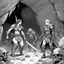 Placeholder: [comic book art by Le Tendre et Loisel (la quite de l oiseau du temps)] two woman warrior after a battle in a cave surrounded by dead bodies of orcs and goblins