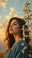 Placeholder: view of a very beautiful women at the golden hour with clouds at the sky with gold branch ,leaves and white flowers on the side ,oil paint style, Van Gogh painting style, a realistic cloudy sky in the background in a wood