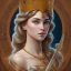 Placeholder: Disney Portrait of Greek Mythology Goddess Athena " with white elegant old greek apparel and Laurel crown.extremely detailed face, ,perfectly centered image,intricate detail.dark hair, sharp dark eyes, bright blue lighting, sarcastic smile, sharp focus hair.MILO MANARA style alphonse mucha style