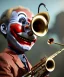 Placeholder: mechanoid smiling friendly clown playing jazz with a steampunk theme, trumpet, realistic