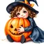 Placeholder: Hyperrealistic watercolor illustration of a little girl with curly hair in a witch costume sitting facing the viewer and hugging a bright orange large pumpkin with a Halloween muzzle. White background