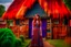 Placeholder: Full body shot of a tall slim pretty, red-headed young woman, dressed in a long flowing colourful dress, standing in front of a row of cottages and shops with thatched roofs, casting runes in the air