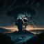 Placeholder: a human skull front view in a desolate night landscape with a tree coming through it, semi-realistic, drawing, dark, old, abandoned, art, painting, anime style