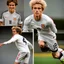 Placeholder: 85mm DSLR color photography of a very detailed headshot fitting all of head and hair in frame. 18-year-old English soccer player, and with no facial hair and has no facial hair, has short length straight white hair with a small smile, grey background