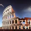 Placeholder: Intricately detailed flying saucer over the Roman Colloseum, futuristic, realistic, hyperdetailed, complementary colors