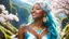 Placeholder: Portrait of a gorgeous smiling skinny polynesian goddess with a golden dark skin, long smooth clear turquoise blue white hair, blue eyes, in a sci-fi outfit with luminous strikes sending a kiss in a hill of flowers with sakura trees, a small torrent, loads of mini flowers, moss, sun rays through the branches, particles in the air at spring