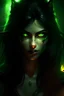 Placeholder: mulher werewolf, olhos verdes brilando, cabelo preto