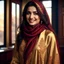 Placeholder: Hyper Realistic Photographic View Of A Gorgeous Pashto Young Woman (Wearing Long Golden Coat With Maroon Dress With Golden Embroidery & Wearing Maroon Scarf On Her Neck) Alone Happily Standing & Giving a Bold Smile & Expressions With Dimples On Her Face; With dimples On Her Cheeks In Her (Black Walled) Office Room With Her Beautiful Long Black Hair With Moonlight Rays Coming From A Fancy Window At Her Back, With A Little Garden View From Outside Window At Dark Night Showing Dramatic & Cinematic