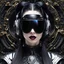 Placeholder: woman, female, pale skin, headphones, dark straight hair, massive ponytail, bang, implants, googles sunglasses opera mask, huge cervical collar shackle, leather, vinyl+fabric lacquer wear,sci-fi, mystic, decay, oil, glitch, optical illusion, fractal, intricate, coal, ink, ash, holography, gradients, noise texture, cyber, technological, bionic, hyper realistic, high quality, high resolution, 4k, raw, iso 100, photography, fashion, lifestyle, sharp, ampir, art deco style, futurism