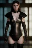 Placeholder: portrait goddess in black leather in a dungeon, cleavage, sci-fi fantasy style, 8k,dark