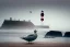 Placeholder: A seagull is sitting in the foreground, behind there far away lighthouse. England, foggy day