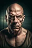 Placeholder: an extremely tall, extremely muscular bald man with a very angry and serious look and a deep, major scar on his face in a mugshot, handheld shot, bright color grading, long exposure