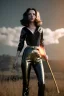 Placeholder: retro portrait image from 1960, explosion, long hair, young Scarlett Johansson, classic black tight lycra suit, metal stick weapon, gold bracelet and belt, high heel boots, soft color, highly detailed, unreal engine 5, ray tracing, RTX, lumen lighting, ultra detail, volumetric lighting, 3d, finely drawn, high definition, high resolution.