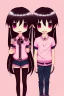 Placeholder: anime couple, girl with long black hair and bangs, pink outfit, boy with brown hair with split bangs, black outfit, cute, wholesome, sitting togehter