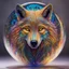 Placeholder: Image of a wolf made up of thousands of very thin glowing lines.Wolf is looking straight at the camera , Symmetrical image, Background is a colorful flowy swirls, golden lines, 3D, alcohol ink effects, sprinkle glitter, pearls, beads. Placed in a glass ball..