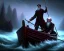 Placeholder: Charon the ferryman in his boat on the river Styx, red black purple colours, 8k, high definition, fantasy art, winding river, sharp jagged rocks, high contrast colours, sharp detail,