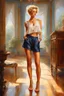 Placeholder: full length low angle airbrush portrait of young barefoot woman standing legs apart, wearing crop top and silk shorts with blond hair in pixie haircut, tan complexion, and wireframe glasses, sapphire pendant, confident expression, by pino daeni bare feet resting on hardwood floor, in opulent parlor with antiques, relief hangings, and a crystal decanter, perfect toes, pedicure