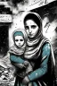 Placeholder: Palestinian woman , Carrying a small girl ,at winter , Destroyed Buildings , with a Explosions, at night