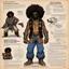 Placeholder: character concept sheet with AD&D statistics and characteristics, [illustration by Kevin Eastman and Peter Laird] the Obeah Man wizard , "damn, he fly" he pimps to the beat, in his new lafreak yeah, animal print pants outta control it's redfoo with the big afro