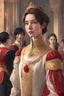 Placeholder: A 17-year-old servant girl with a lean frame, golden skin, brown hair, and brown hair, who was wearing a red uniform, surprised when she faced a 19 or 20-year-old prince in the distance with very glossy black hair, and very pale skin, then he was waving at her in a palace ball filled with people.