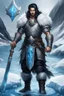 Placeholder: 1 mana warrior, with blue eyes and black hair man in silver Viking armor with fur around the neck with blue crystal on his chest , standing in water in the artic, holding a ice axe, warrior in anime style,