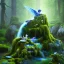 Placeholder: crazy detail, magical forest background, waterfall, blue but cloudy skies,close up of cute winged male poet sleeping peacefully on a mossy rock wearing soft robes and blue gloves,dark stone statue, lively eyes,hidden hands, framed by foliage, shiny eyes, holding up scroll