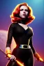 Placeholder: retro portrait image from 1960, explosion background, long red hair, young Scarlett Johansson, classic black tight lycra suit, metal stick weapon, gold bracelet and belt, high heel boots, soft color, highly detailed, unreal engine 5, ray tracing, RTX, lumen lighting, ultra detail, volumetric lighting, 3d, finely drawn, high definition, high resolution.