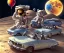 Placeholder: little boy and big teddy bears on moon. drifting in old bmw. oil on canvas