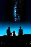 Placeholder: black background on a mountaintop and three silhouettes of a fit man, a silhouette of a fit woman, and silhouette of a Belgian malinois sitting next to the men and the woman looking at the stars