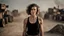 Placeholder: beautiful slender caucasian female technician, black tank top, dirty face, gritted teeth, well toned muscles, weathered face, scratched sand camo metal details, short brunette wavy bob haircut, dystopian, desert scene with smoke and explosions,