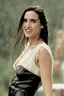 Placeholder: Beautiful 25 year-old Jennifer Connelly is standing outside in a rain shower, smiling, with no rain-coat, umbrella, or hat on, with her head tilted up toward the sky, her tongue sticking out and catching raindrops, as if reliving a pleasant childhood memory.