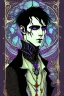 Placeholder: black haired young man necromancer wizard with gothic jewelry in the style of Harry Clarke