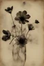 Placeholder: Postcard on an old scratched paper, black flowers, blur 5%, double exposure, merged layers, in the first part (near to us) of the picture you can see a plain sandblown smoked glass, engraved with a folk art pattern, the glass is cracked in several places, in some places the glass is broken, crumpled burlap, through it you can see a tropical rainforest with a waterfall, mist, tooth, sunrise