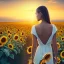 Placeholder: woman, back view, long brown dress, blond hair, sunflower field, sunset