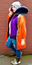 Placeholder: Brunette.thick thighs,thick calves,small belly,curvy fell. big head. Mantle is sewed of upcycled Denim and sewed together of camouflage pieces. Pieces' color are orange, cream and purple. It is with big bright purple felt tippet and cream-colored-hood. mantle is merged with satchel. . Big AKG-style headphones (gold rings!) is merged with small felt cap with small visor. Style: Haute Couture in 1920's, N.Y.C fashion in 1996, inspired by street art. Cream latex gaiter. Her head and rest body visib