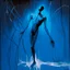 Placeholder: Minimal abstract oil painting of a naked body limbs sinew twisted . Background of bright blue with random words. hanging wires illuminated at night. In the style of Justin Mortimer and Phil Hale and Ashley Wood