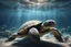 Placeholder: under water scene: 2/3 under water scene, turtle: eating plastic bag: small right side of the picture, hyperrealistic 16k, 3d rendering, expressively detailed, dynamic light, dystopian