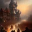 Placeholder: frank frazetta style, medieval town in battle, storm